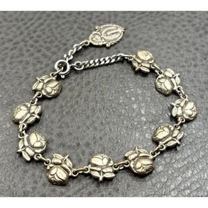 VTG Decade Rose Flower Saints Link Bracelet Religious Medal Charm Silver Tone